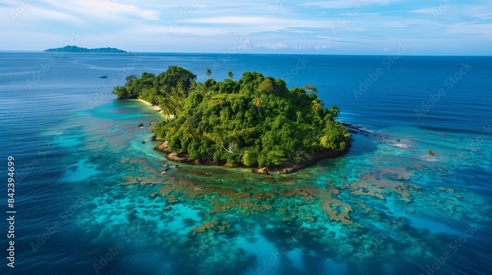 A lush, tropical island with clear blue waters offers a picturesque and serene oasis for visitors. A lush, tropical island with clear blue waters offers a picturesque and serene oasis for visitors.