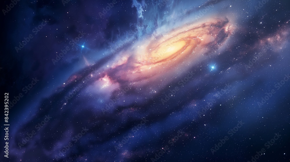 Cosmic scene depicting the majestic spiral of a galaxy filled with stars, dust, and glowing centers of galactic activity Cosmic scene depicting the majestic spiral of a galaxy filled with stars, dust, and glowing centers of galactic activity