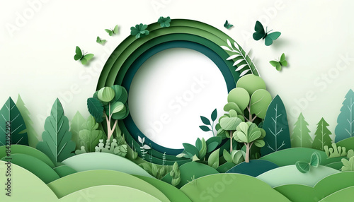 Product banner, podium platform with geometric shapes and nature background, paper illustration, and 3d paper. photo