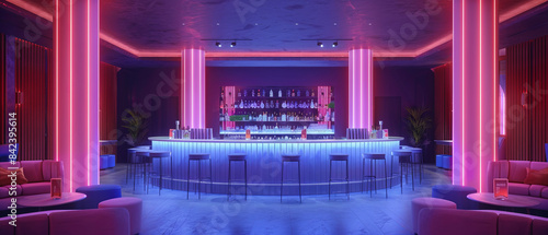 Highend cocktail bar with neon lighting and minimalistic design photo