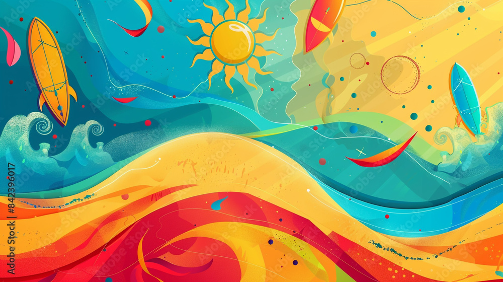 Colorful abstract background with sun, sand, and surfboard illustrations, ideal for a summer fun event banner.