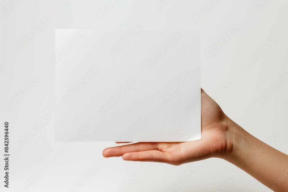 Blank paper mockup on hand created with generative AI Blank paper mockup on hand created with generative AI