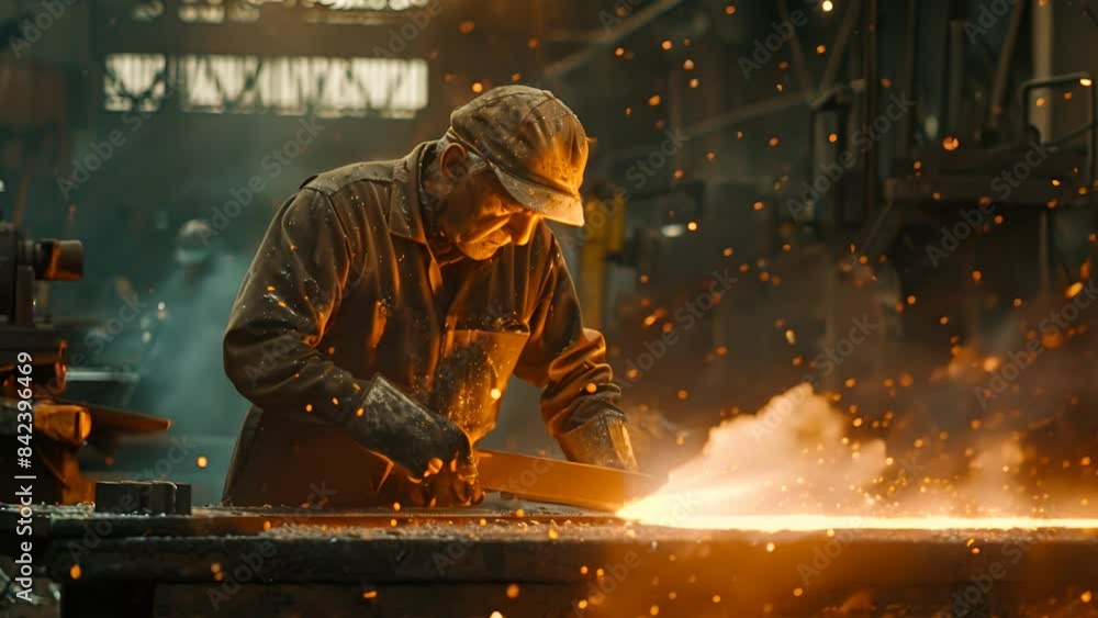 A powerful image capturing a focused steelworker laboring in a foundry A powerful image capturing a focused steelworker laboring in a foundry