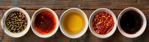 Top view collage of Chinese sauces and condiments, featuring soy sauce, hoisin sauce, chili oil, and black bean sauce photo