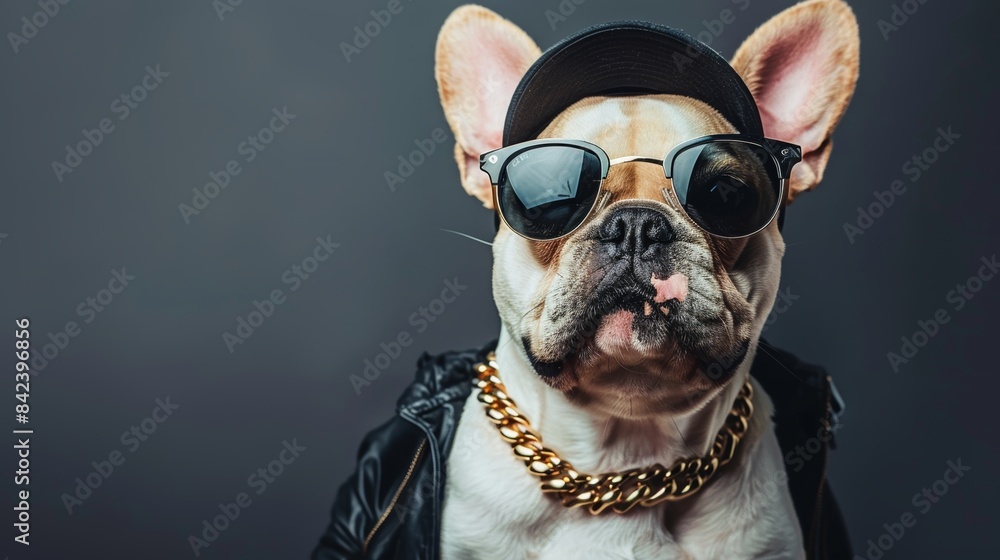 Hip hop dog in cap, shades, gold chain poses on gray background for humorous banner design Hip hop dog in cap, shades, gold chain poses on gray background for humorous banner design