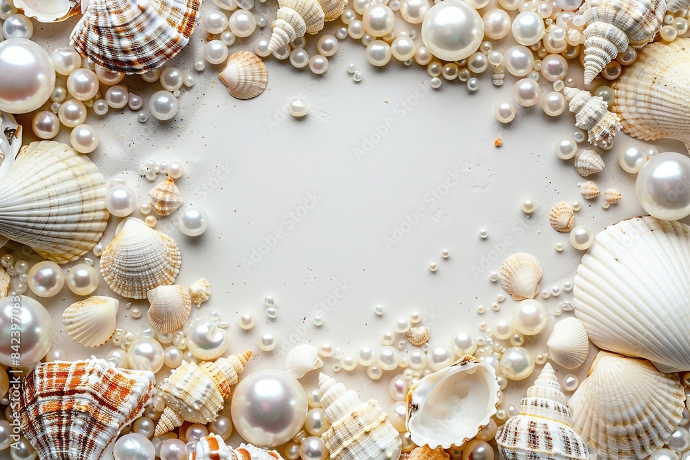 border frame template of various shells and pearls on white background top view with copy space border frame template of various shells and pearls on white background top view with copy space