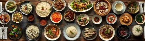 Top view collage of Chinese familystyle meals, featuring shared dishes like stirfries, soups, and rice, arranged on a large table