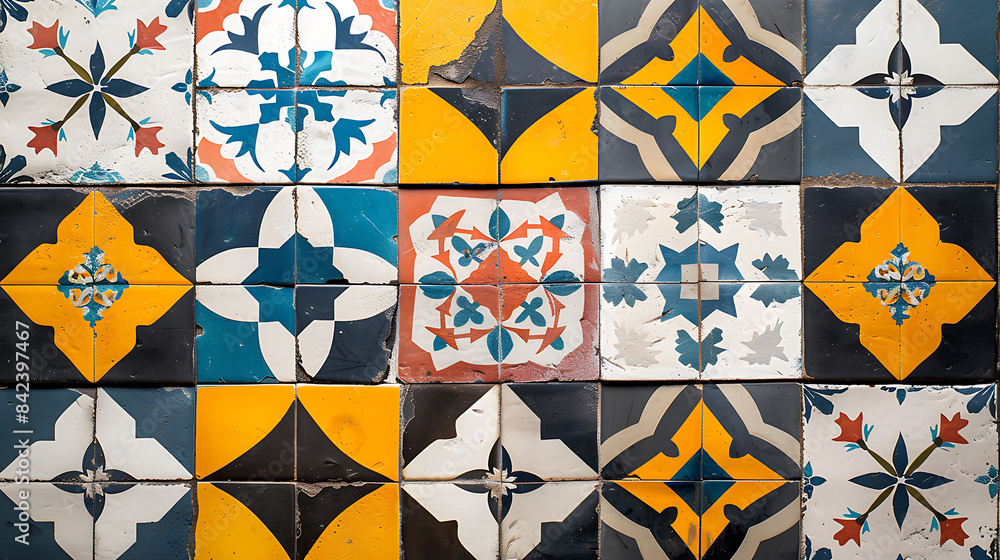 Fototapeta premium modern Spanish background featuring abstract representations of traditional Spanish tiles and patterns, blended with sleek geometric shapes and vibrant colors