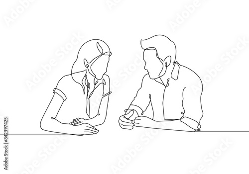 Business Group Continuous One Line Drawing. Woman and Man in Office Black Sketch Isolated on White Background. Two Professionals Talking Abstract Minimal Line Art Illustration. Vector EPS 10