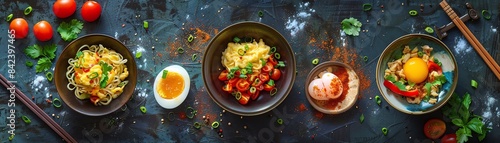 Top view collage of Chinese egg dishes, featuring egg foo young, tomato and egg stirfry, and salted duck eggs photo