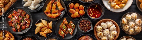 Top view collage of Chinese party platters, featuring assorted appetizers like dumplings, spring rolls, and BBQ meats