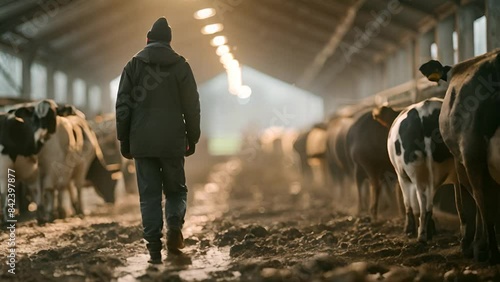 A farmer walks through a barn filled with dairy cows in the early morning light