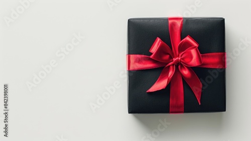 Black present box with red ribbon bow on white background view from above suitable for Christmas or New Year celebration