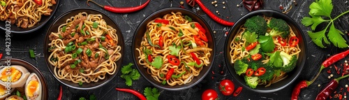 Top view collage of different types of Chinese noodles, including chow mein, lo mein, and biang biang noodles, with vibrant toppings photo