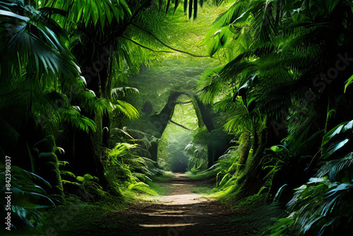 A picturesque path  bathed in warm sunlight  winds through a vibrant green forest  perfect for a refreshing hike or a peaceful walk amidst the beauty of nature.