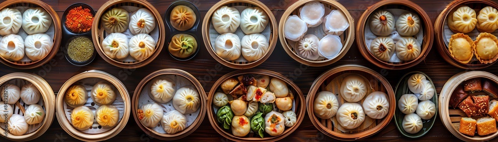 Top view collage of dim sum favorites, including siu mai, har gow, and BBQ pork buns, arranged in traditional bamboo steamers Top view collage of dim sum favorites, including siu mai, har gow, and BBQ pork buns, arranged in traditional bamboo steamers