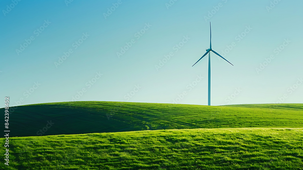 Obraz premium A wind turbine in a green field with a bright blue sky, symbolizing clean energy and environmental sustainability with a focus on simplicity and modern design