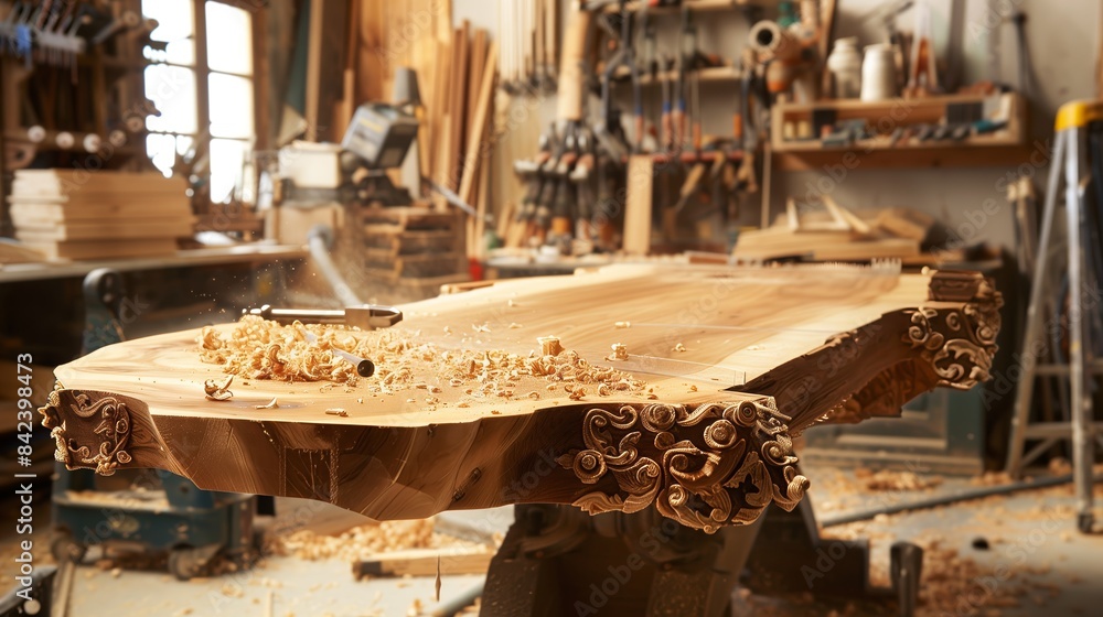 A vibrant woodworking studio constructs an ornate wooden table amidst tools and sawdust, showcasing craftsmanship. A vibrant woodworking studio constructs an ornate wooden table amidst tools and sawdust, showcasing craftsmanship.