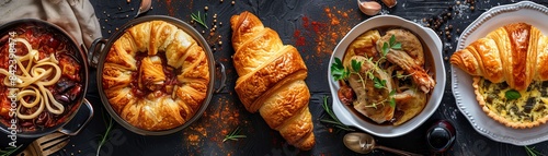 Top view collage of French dishes, including croissants, quiche, and coq au vin, arranged in an elegant display photo