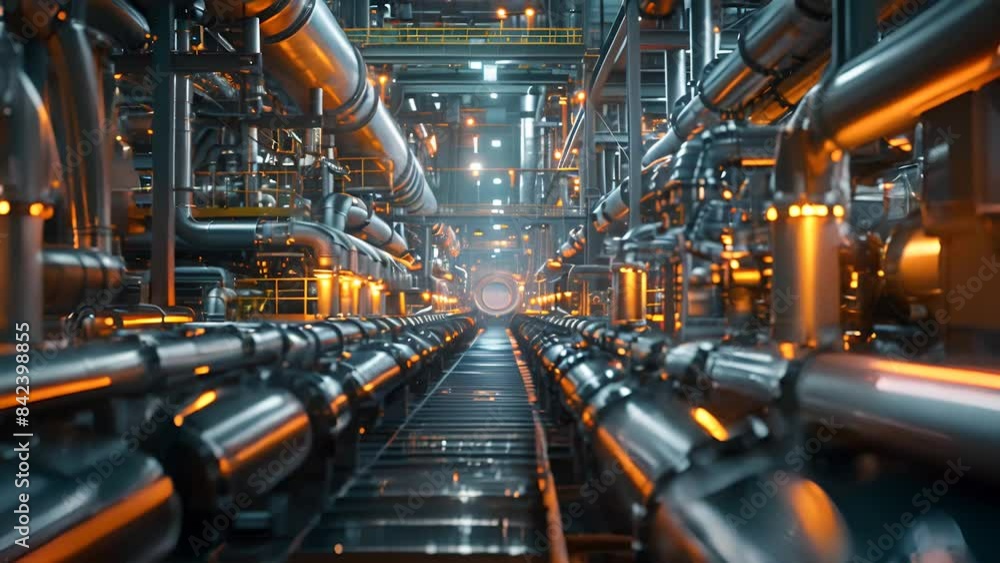A detailed view of an extensive industrial pipeline network illuminated by ambient lighting A detailed view of an extensive industrial pipeline network illuminated by ambient lighting