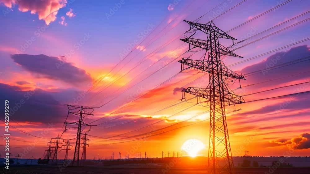 A breathtaking view of power lines set against a vibrant sunset A breathtaking view of power lines set against a vibrant sunset