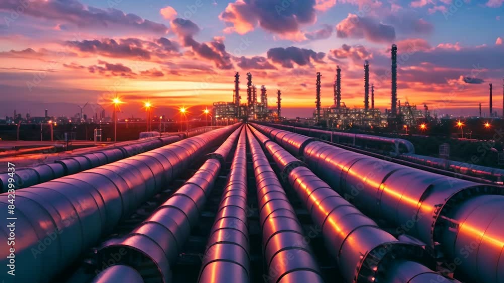 A striking image of industrial pipelines leading towards a refinery at sunset A striking image of industrial pipelines leading towards a refinery at sunset