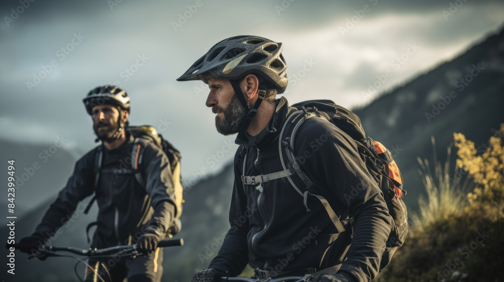 Fototapeta premium Two men ride bicycles along a dirt road, surrounded by nature