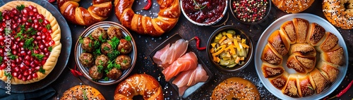 Top view collage of Swedish food, featuring meatballs, gravlax, and cinnamon buns, with a colorful and classic display photo