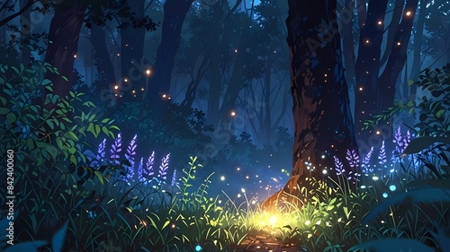 Firefly in the night forest 