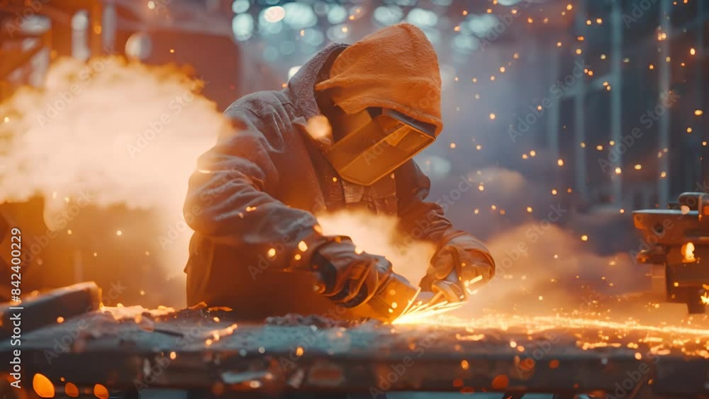 A focused worker in protective gear grinding metal in an industrial workshop A focused worker in protective gear grinding metal in an industrial workshop