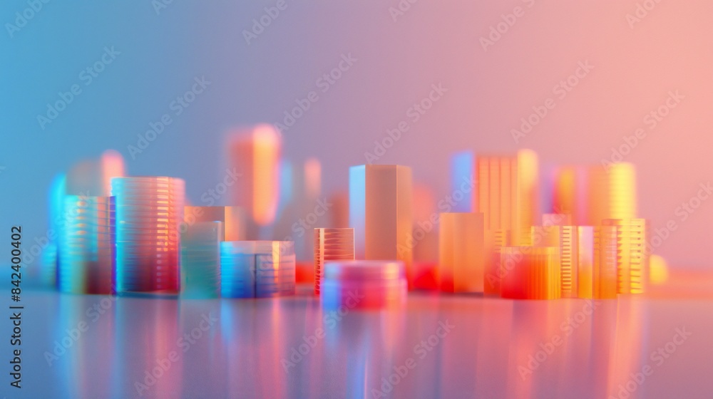 Colorful 3D minimal landscape of a futuristic city with bold, geometric buildings and a pink sunset.