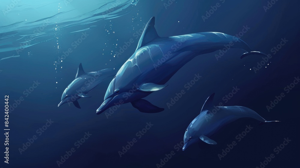 A group of dolphins swimming together in the ocean A group of dolphins swimming together in the ocean