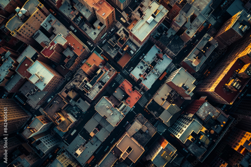 Obraz premium Top-down aerial view of urban rooftops, emphasizing the repetitive patterns and varying shapes of the buildings. Use a muted color palette to highlight the simplicity and structure of the cityscape. 