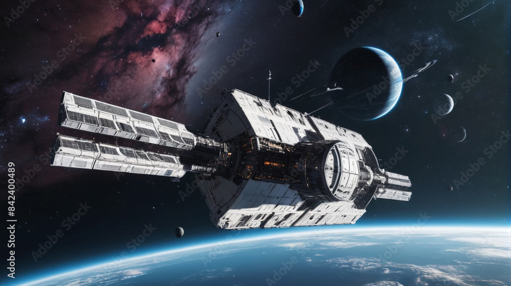 Observing a sleek, futuristic space station from the outside as it orbits a distant planet with the vast expanse of the universe in the background, Generative AI Observing a sleek, futuristic space station from the outside as it orbits a distant planet with the vast expanse of the universe in the background, Generative AI