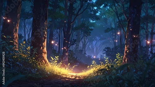 Firefly in the night forest 