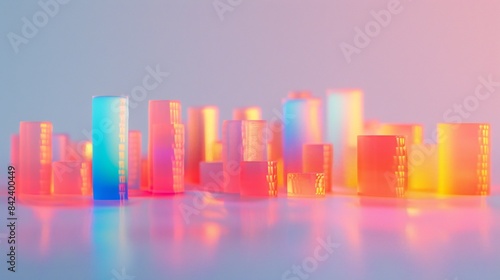 Colorful 3D minimal landscape of a futuristic cityscape with geometric buildings and neon lights.
