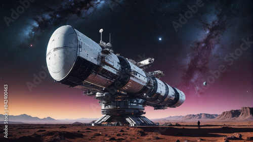 Fototapeta Naklejka Na Ścianę i Meble -  Observing a sleek, futuristic space station from the outside as it orbits a distant planet with the vast expanse of the universe in the background, Generative AI