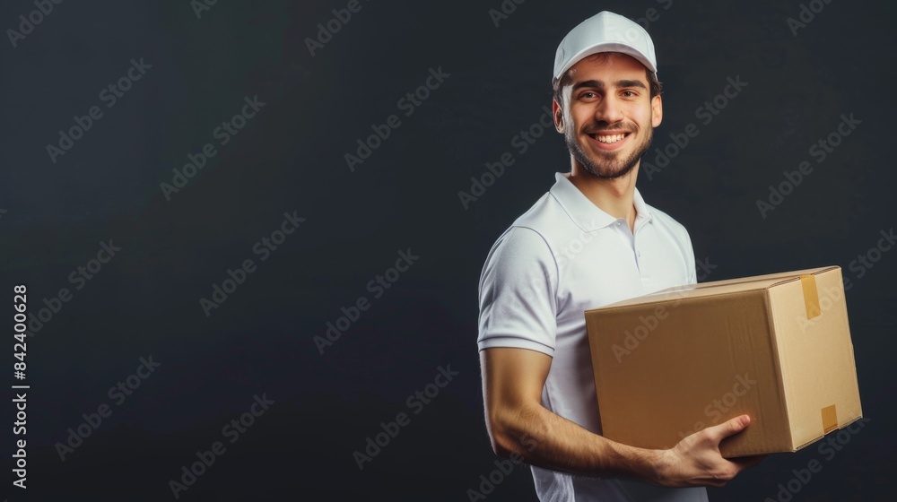 Efficient Courier Service: Smiling Delivery Man Holding Parcel Efficient Courier Service: Smiling Delivery Man Holding Parcel