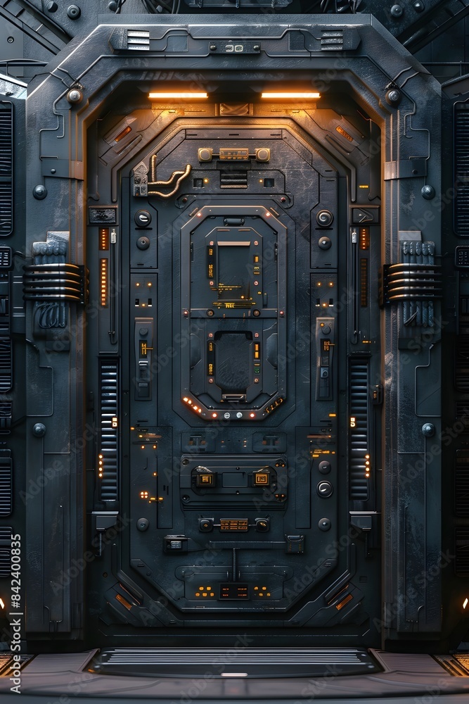 Cutting-Edge Scientific Research Station's Futuristic Entrance with Intricate Control Panels and Heavy Adamantium Door Cutting-Edge Scientific Research Station's Futuristic Entrance with Intricate Control Panels and Heavy Adamantium Door