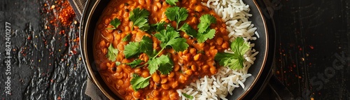 Top view of a bowl of dal tadka, showcasing the lentil curry garnished with tempered spices and fresh cilantro, served with rice photo
