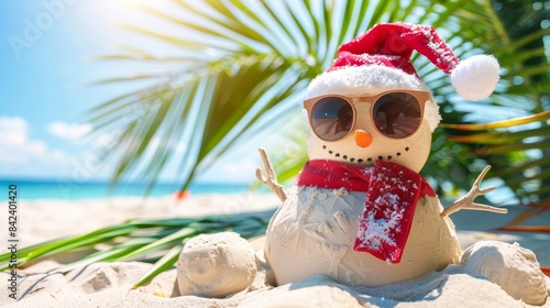 Fototapeta Naklejka Na Ścianę i Meble -  Sunny beach scene with sandy snowman in santa hat and sunglasses, perfect for summer vacation themes