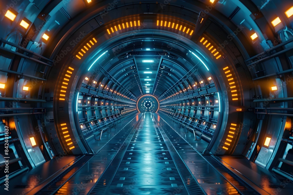 Fototapeta premium Highly Guarded Entrance to Covert Space-Based Research Facility with Advanced Security and Bustling Scientific Activities