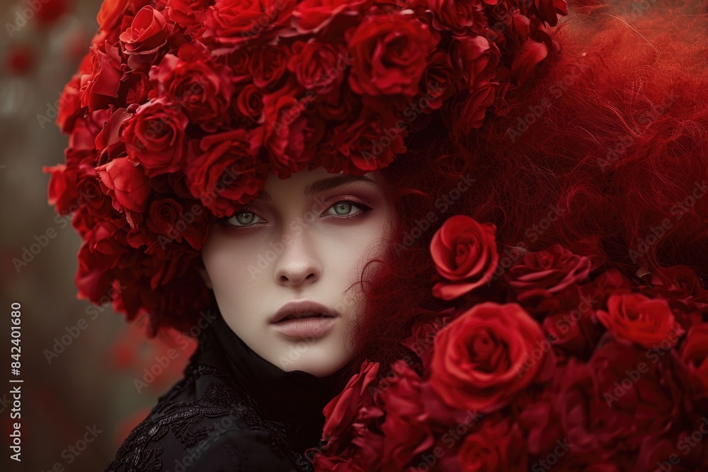 A woman wears red flowers on her head A woman wears red flowers on her head
