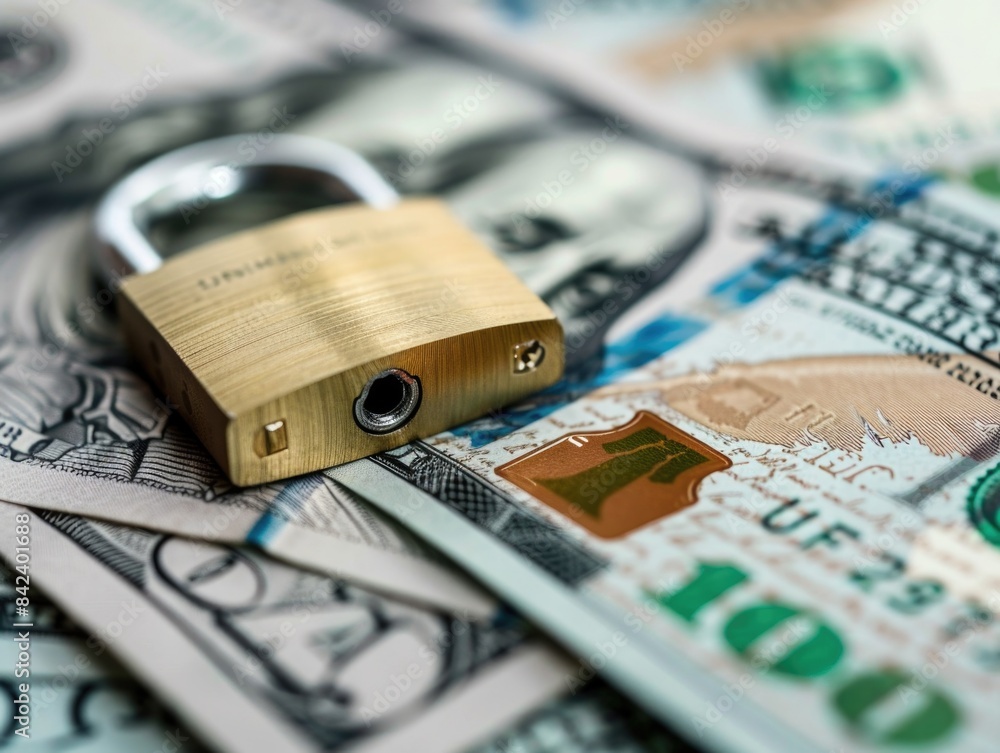 A padlock sitting atop a stack of cash, suggesting security and wealth A padlock sitting atop a stack of cash, suggesting security and wealth