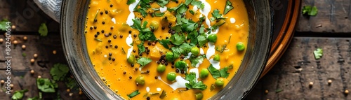 Top view of a bowl of methi malai matar, showcasing creamy curry with fenugreek leaves and peas, garnished with fresh cream photo