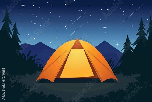 Nighttime camping with tent illuminated under starry sky
