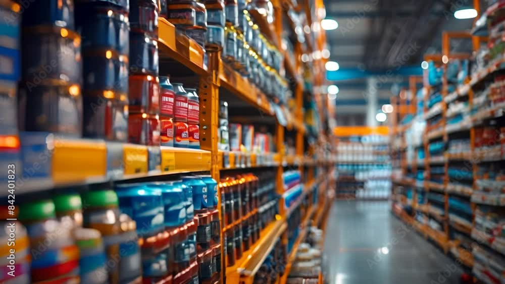 Shelves stocked with various tools and supplies line a well-organized aisle in a brightly lit hardware store Shelves stocked with various tools and supplies line a well-organized aisle in a brightly lit hardware store