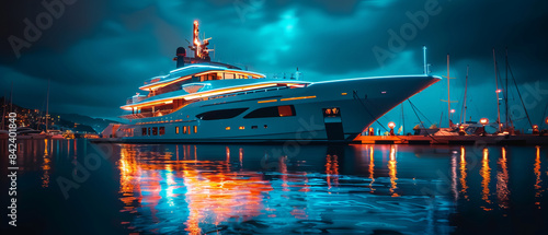 Luxury yacht docked at night with minimal neon lights reflecting on the water photo