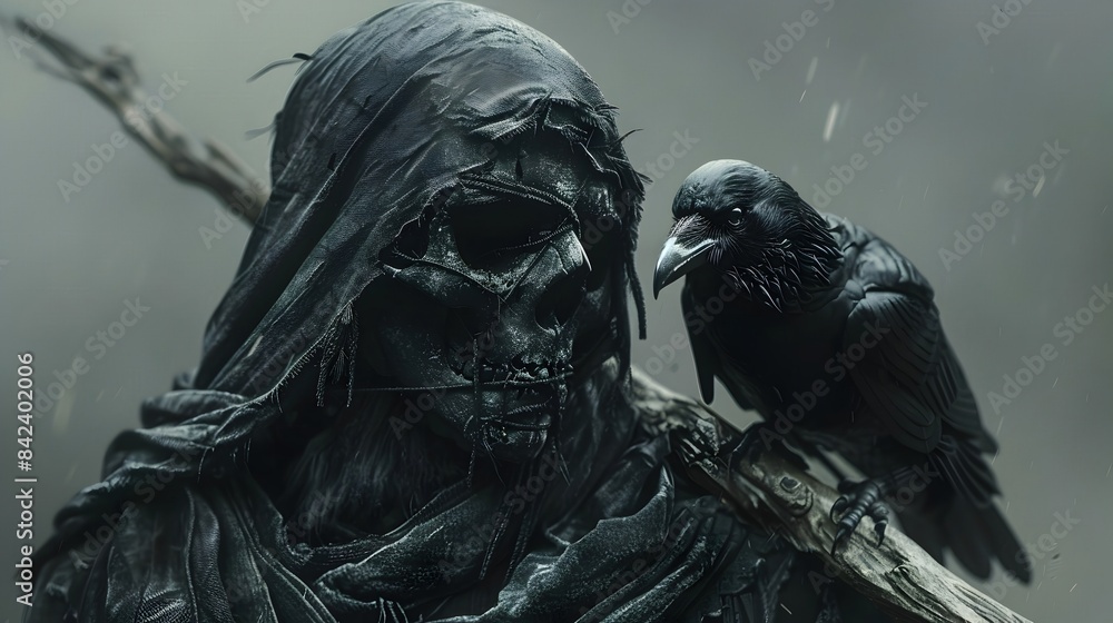 Fototapeta premium Ominous Reaper with Crow Perched on Shoulder,Holding Worn Scythe in Blurred,High Contrast Setting