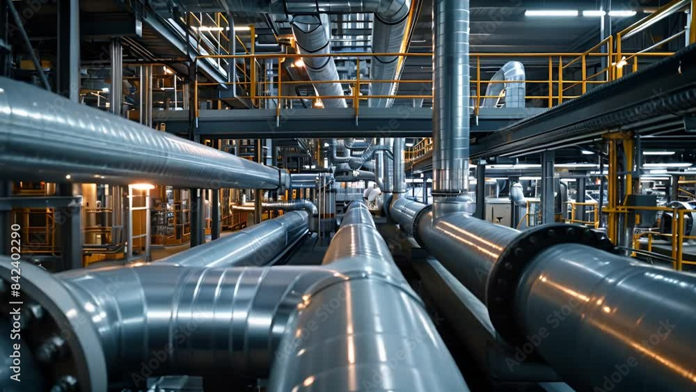 A detailed view of an extensive industrial pipe network within a modern manufacturing facility A detailed view of an extensive industrial pipe network within a modern manufacturing facility